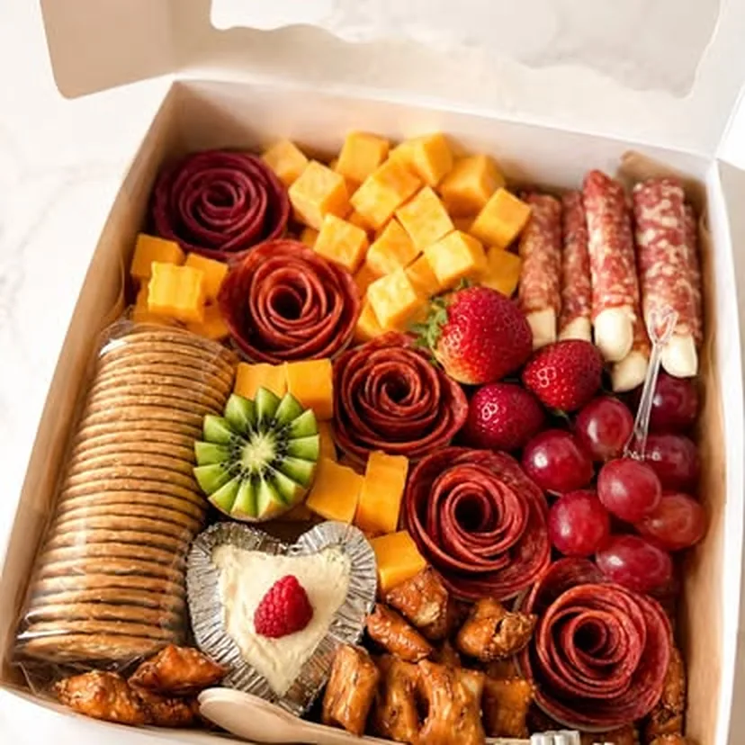 Caja de charcutería de A&K Paellas con rosas de salami, cubos de queso, fresas, uvas, kiwi y galletas