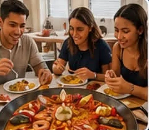 Tres invitados sentados a la mesa disfrutando sus platos de paella